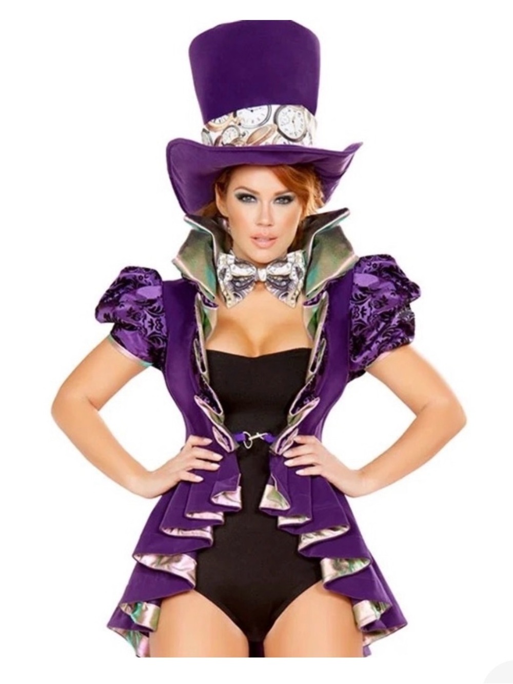 Roma 4pc Purple and Black Mad Hatter-Inspired Costume with Metallic Accents Sz S